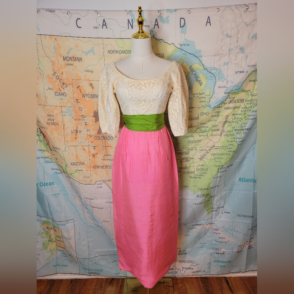 Vintage S Howard Hirsh Dress Pink & Crram W/ Green Tie